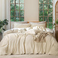 MooMee Bedding Duvet Cover Set 100% Washed Cotton Linen Like Textured Breathable Durable Soft Comfy (Heathered Almond Milk Grey, Twin 68"x90")