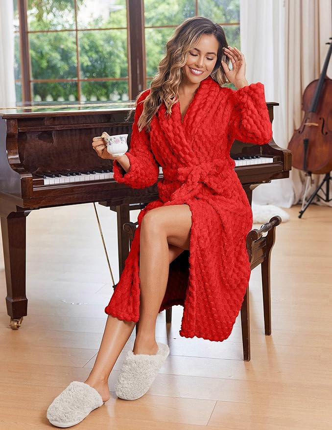 Ekouaer Women's Robe Long Plush Soft Bathrobe Jacquard Color Block Robes Shawl Collar Sleepwear with Pockets S-XXL