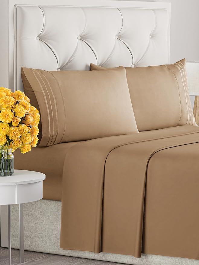King Size 4 Piece Sheet Set - Extra Soft, Breathable & Cooling Sheets - Hotel Luxury Durable Bed Sheets for Women & Men - Deep Pockets, Easy-Fit & Wrinkle-Free Sheets - Caramel Oeko-Tex Bed Sheet Set