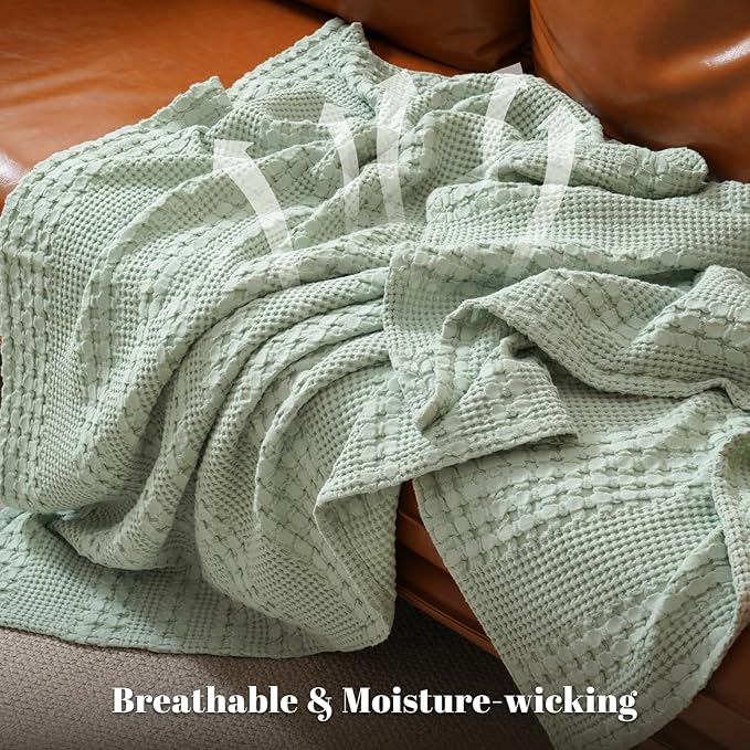 PHF 100% Cotton Waffle Weave Blanket Twin Size for Bed, Soft Lightweight & Breathable, All-Season Comfort, Luxury Aesthetic Woven Bedding for Home Decor, 66"x90", Mint Green