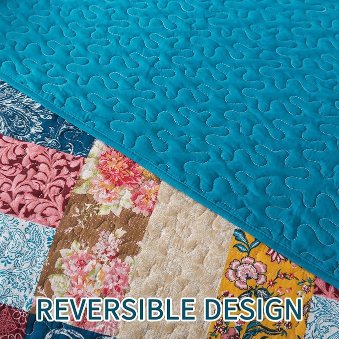 BEDIFANY Cotton Queen Quilt Set - Modern Farmhouse Bedspread with Vibrant Floral Pattern, 3-Piece Lightweight Coverlet (90x98 Inch) + 2 Pillow Shams, All Seasons Multicolor Quilt Bedding Set