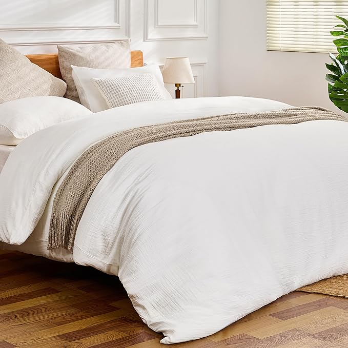 White Duvet Cover King, 100% Sandwashed Cotton Soft King Size Duvet Cover Set 3 Pieces with Zipper Clousre & Corner Buttons (White, King 104 x 90)