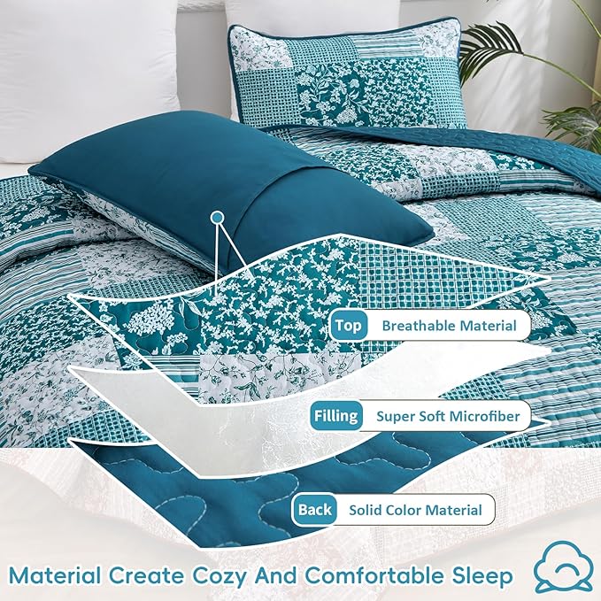 Mybedsoul Teal Blue Quilt Set Queen Size 3 Pieces Boho Plaid Turquoise Floral Bedspread Set Microfiber Lightweight Bohemian Bedding Bedspread Coverlet Set for All Season 90"x96"