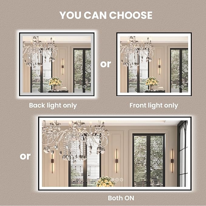 Amorho 48" X36" LED Bathroom Mirror with Black Frame, Front Light and Backlit(Controlled Separately), Stepless Dimmable, Anti-Fog, Shatter-Proof, 3 Colors, Memory