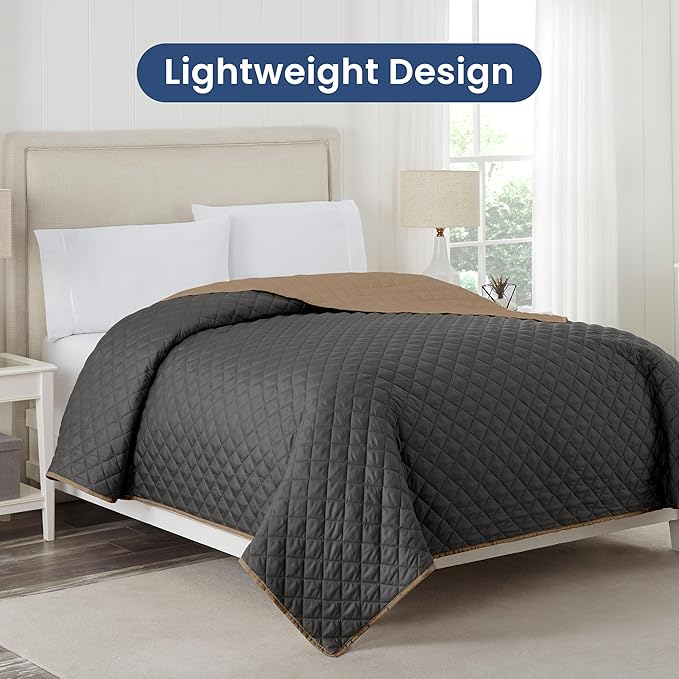 Martex Reversible Coverlet – Twin Bed Quilt – Lightweight Twin Size Bedding – Durable Quilts for Bed – Soft - Easy Care Bedding – Graphite/Khaki