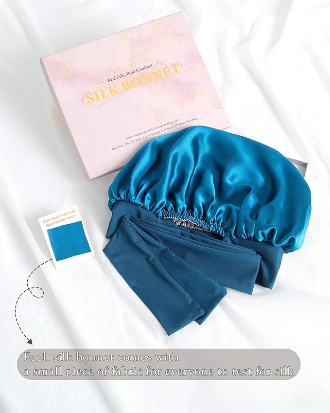 100% Mulberry Silk Bonnet for Sleeping Women Double Layer Silk Hair Bonnet Natural Silk Sleep Cap with Elastic Reversible Hair Wrap (Blue+Gray)