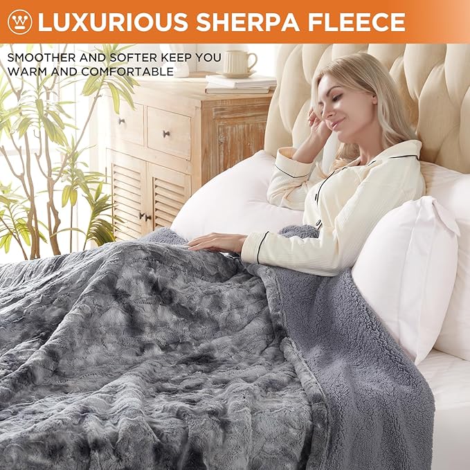 Westinghouse Electric Blanket Full, Faux Fur Heated Blanket with 10 Heating Levels & 1-12 Hours Auto Off, Soft Cozy Sherpa Heated Blanket Washable Blanket (80" x 84" Full Size, Grey)