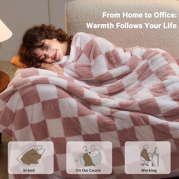 Light Pink Heated Blanket Electric Throw, 50X60 Heating Blanket with 10 Heat Levels & 8 Hours Auto Off for Lap, Checkered Plaid Soft Sherpa Blankets Warmer Gifts for Couch Grandma Women Adults