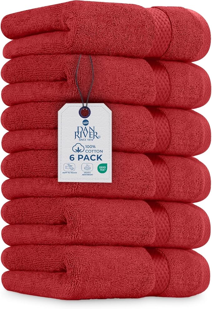 DAN RIVER 6-Pack Premium Hand Towels (16x28 Inches) - 100% Cotton, Ultra Soft, Lightweight, Highly Absorbent Towels for Bathroom, Spa, Gym, Salon, Hotel, and Travel - 550 GSM – Red