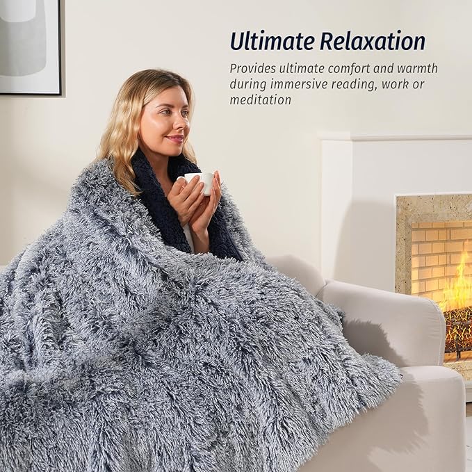 Wemore Shaggy Long Fur Faux Fur Weighted Blanket, Cozy and Plush Sherpa Long Hair Blanket for Adult 15lbs, Fluffy Fuzzy Sherpa Reverse Heavy Blanket for Bed, Couch, Backprint Navy Blue, 60 x 80 Inches