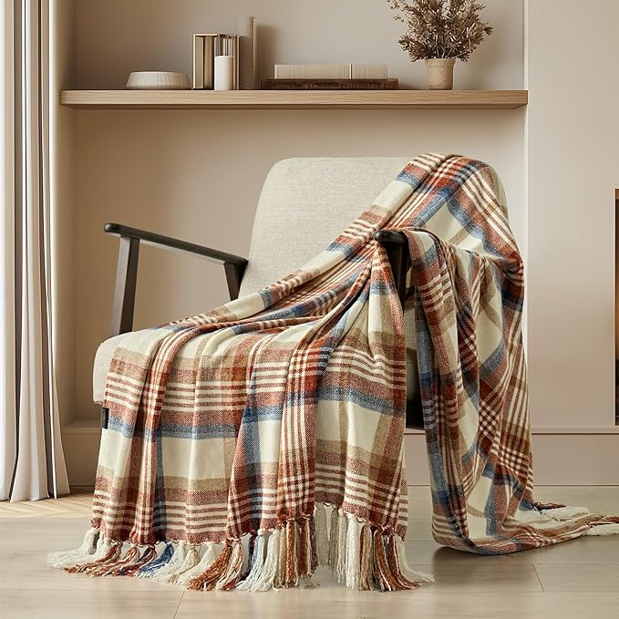 EVERGRACE Plaid Chenille Throw Blanket for Couch, Super Soft Cozy Decorative Fall Throw with Tassels for Bed Sofa Farmhouse Decor, Lightweight Harvest Plaid Throw for Autumn, 50"x60"
