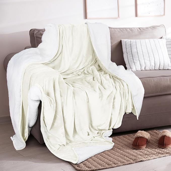 Utopia Bedding Sherpa Blanket Throw Size (Ivory, 50x60 Inches) - Soft Lightweight Plush Fleece Reversible Blanket for Bed, Sofa, Couch, Camping and Travel