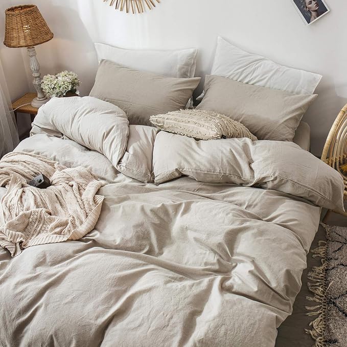 MooMee Bedding Duvet Cover Set 100% Washed Cotton Linen Like Textured Breathable Durable Soft Comfy (Heathered Tannish Linen Grey, Cal King 104"x98")