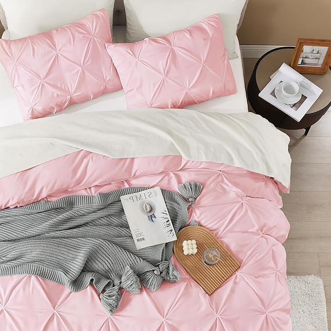 Litanika Pink Queen Pinch Pleat Duvet Cover, 3 Pieces Pintuck Cover Soft Microfiber Bedding Set with Zipper Closure & Corner Ties(90x90Inch-1 Duvet Cover, 2 Pillowcases)