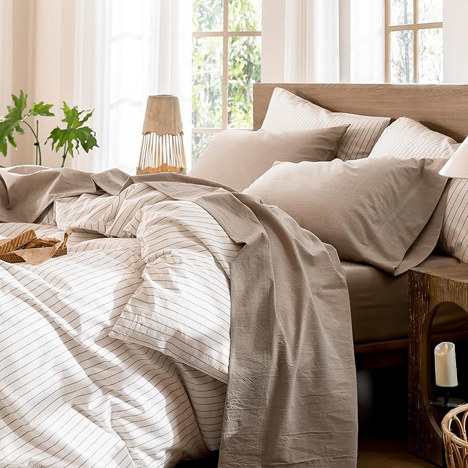 MooMee Bedding Sheet Set 100% Washed Cotton Linen Like Textured Breathable Durable Soft Comfy (Heathered Taupe, King)