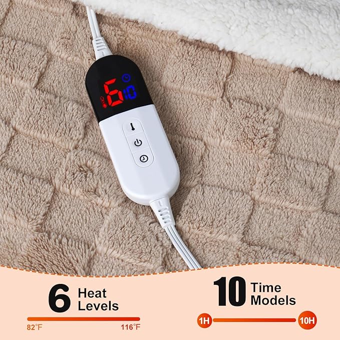 Heated Blanket with 6 Heating Levels 10 Hours Time Setings and Auto-Shut Off, Soft Checked Flannel Fast-Heating Electric Blanket (Khaki, 90"X100")