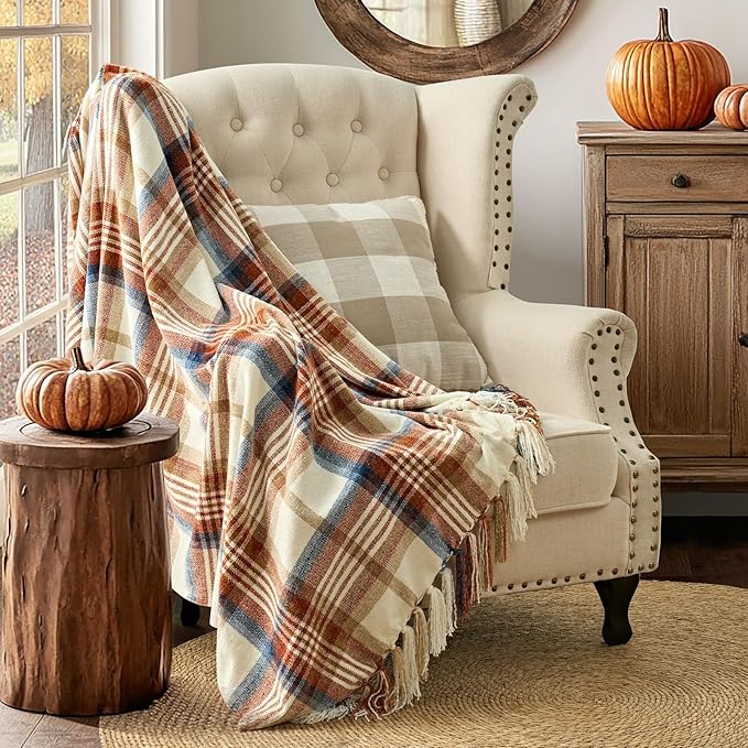 EVERGRACE Plaid Chenille Throw Blanket for Couch, Super Soft Cozy Decorative Fall Throw with Tassels for Bed Sofa Farmhouse Decor, Lightweight Harvest Plaid Throw for Autumn, 50"x60"