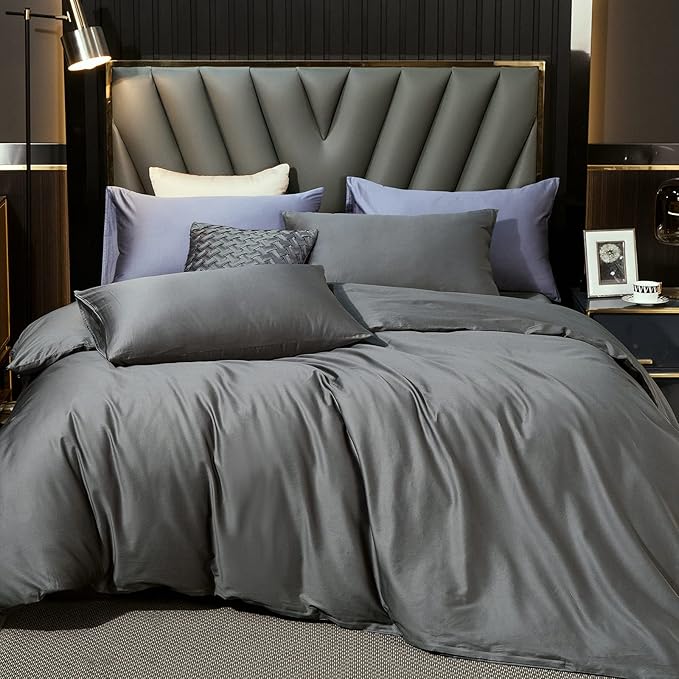 MooMee Duvet Cover Set 100% Extra Long Staple Cotton 600 Thread Count Silky Sateen Smooth Luxury Soft Breathable Durable Hotel Quality Bedding, 3 Pieces (Dark Gray, Super Queen 90"x98")