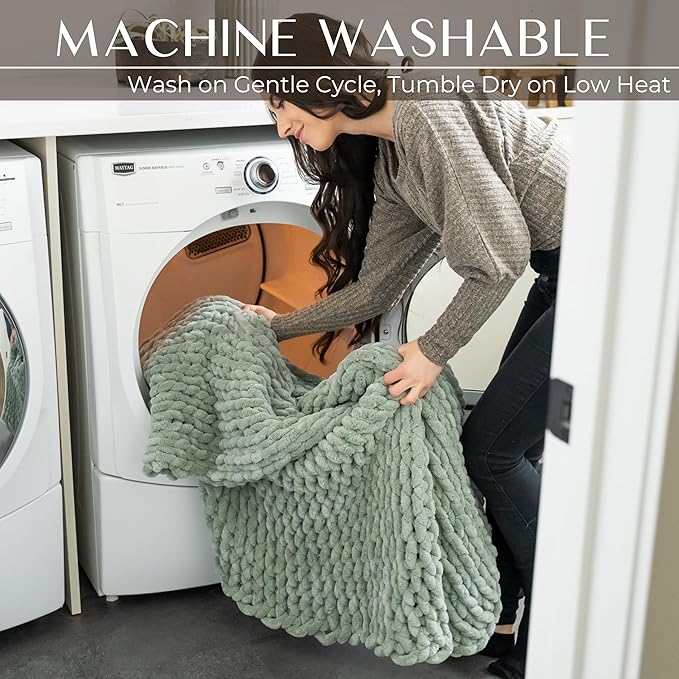 SAMIAH LUXE Sage Green Chunky Knit Blanket Throw 50x60, Chenille Chunky Knit Throw Blanket for Living Room Decor or Boho Decor, Thick Yarn Knitted Blankets for Couch or Bed, Knitted Crochet Blankets