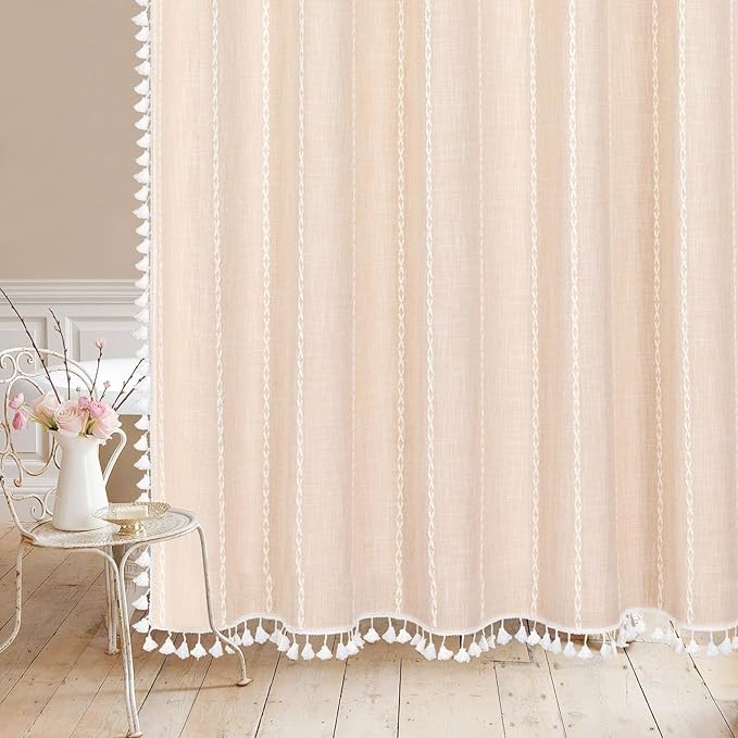 MitoVilla Boho Extra Long Shower Curtain 72 x 96, Cream Modern Farmhouse 96 inch XL Polyester Linen Texture Tassel Fabric Shower Curtain Set with Hooks for Cottagecore Country Bathroom Decor,Cream