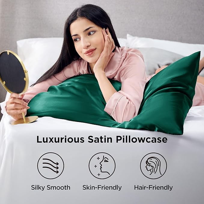 Bedsure Satin Pillowcases, Similar to Silk Pillow Cases Queen Size Set of 2, Pillow Case for Sleeping Women with Envelope Closure, Gifts for Women Men, Dark Green, 20x30 Inches, 2pcs