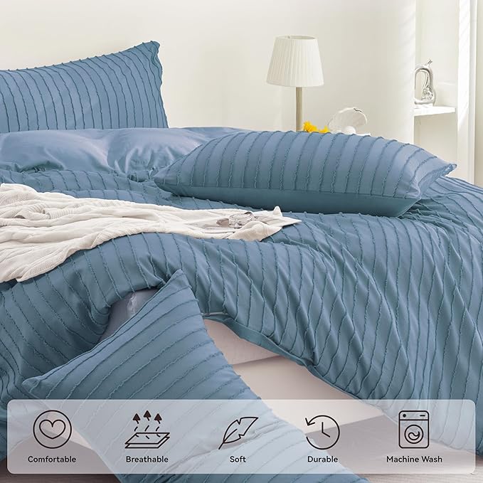 JELLYMONI Duvet Cover Twin Size Blue - 3PCS Boho Striped Duvet Cover Set Polyester Tufted Bohemian Textured Comforter Cover 68×90in with Corner Ties & Zipper and 2 Pillowcases
