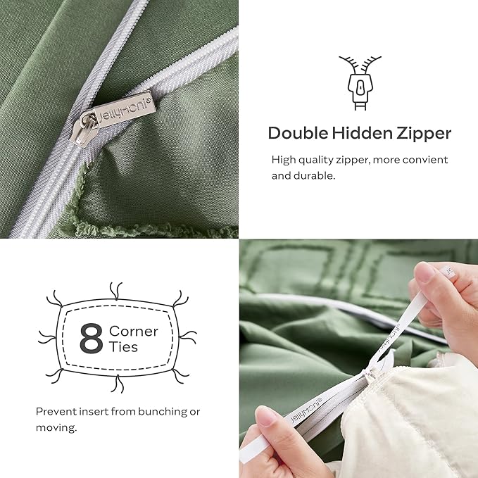 JELLYMONI Duvet Cover Queen Size Green - 3PCS Boho Duvet Cover Set Plaid Polyester Tufted Bohemian Jacquard Knit Textured Comforter Cover 90×90in Rhombic Geometric Pattern Zipper Corner Tie