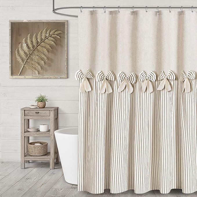 Farmhouse Shower Curtain Linen Beige Bow Woven Fabric Country Rustic Western, Pleated Brown Stripe 72" W x 72" L