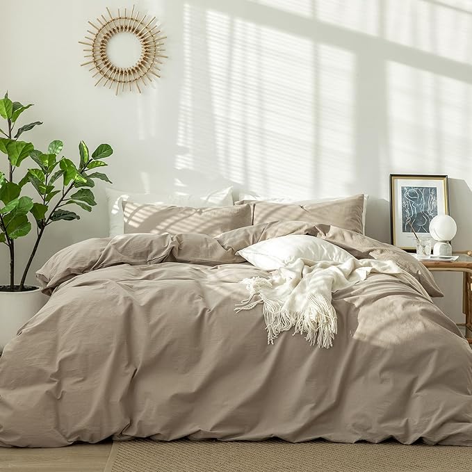 MooMee Bedding Duvet Cover Set 100% Washed Cotton Linen Like Textured Breathable Durable Soft Comfy (Solid Light Camel, Twin 68"x90")