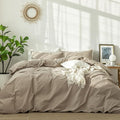 MooMee Bedding Duvet Cover Set 100% Washed Cotton Linen Like Textured Breathable Durable Soft Comfy (Solid Light Camel, Super King Plus 120"x120")