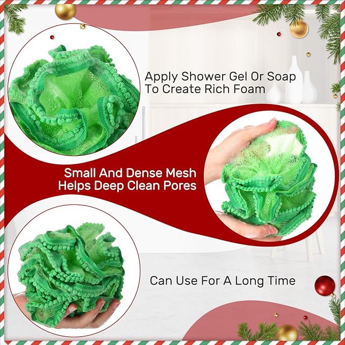 Duraaamo 12 Pcs Christmas Bath Loofah Sponge, Red Green Exfoliating Body Scrubber 50g Bath Shower Loofah Sponge Pouf Puff Mesh Shower Pouf Balls Soft Quick-Dry Cleanse Skin Accessories for Women Men