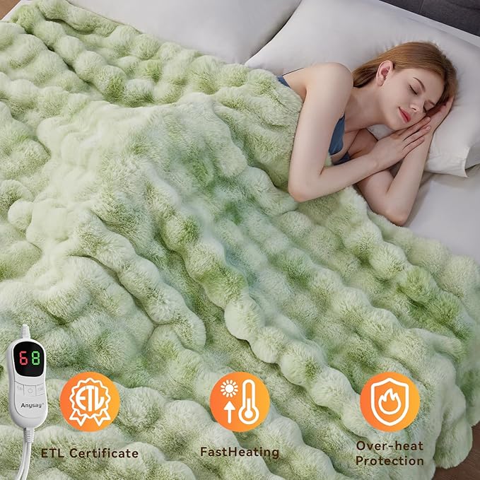 Heated Blanket Throw with 1/2/4/6/8 Hours Auto-Off 10 Heat Level, 50'' * 60'' Cozy Faux Rabbit Fur Bubble Electric Blanket with Overheat Protection(Tie-Dye Green)