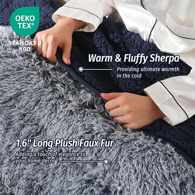Wemore Shaggy Long Fur Faux Fur Weighted Blanket, Cozy and Plush Sherpa Long Hair Blanket for Adult 15lbs, Fluffy Fuzzy Sherpa Reverse Heavy Blanket for Bed, Couch, Backprint Navy Blue, 60 x 80 Inches