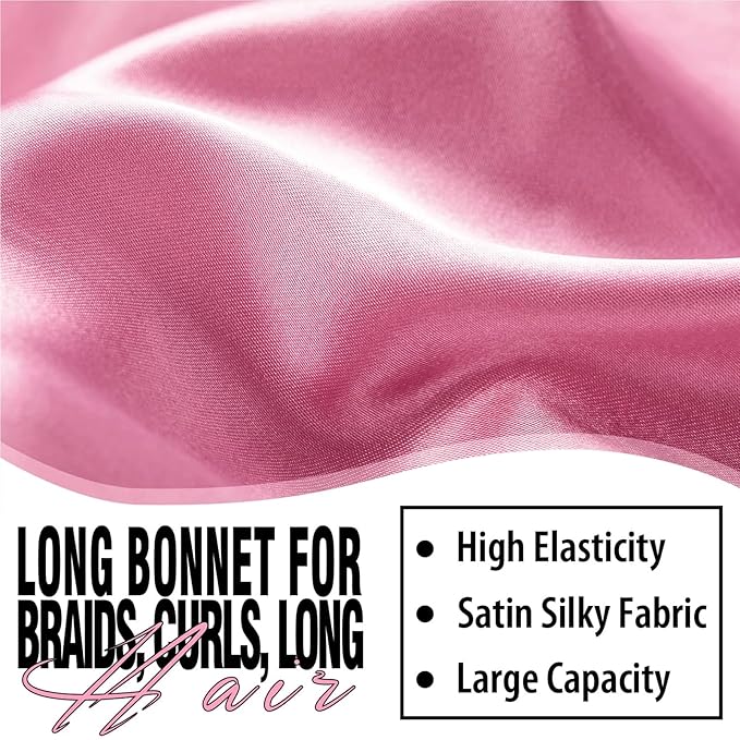 2Pcs Bonnets for Black Women Braid Bonnet, Large Long Satin Bonnet for Braids, Silk Bonnet with Stretchy Tie Band Sleep Cap Hair (2Pcs-Black&Rose Pink)