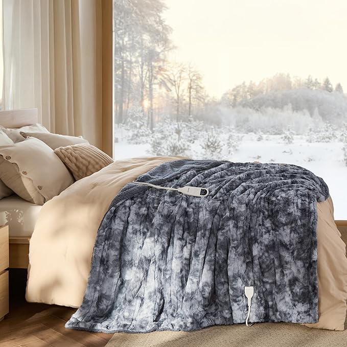 Bedsure Faux Fur Heated Blanket Twin Size, Fast Heating Electric Blanket Twin Size with 6 Heating Levels & 10 Time Settings, Cozy Gifts for Women Men (62x84 inches, Grey)