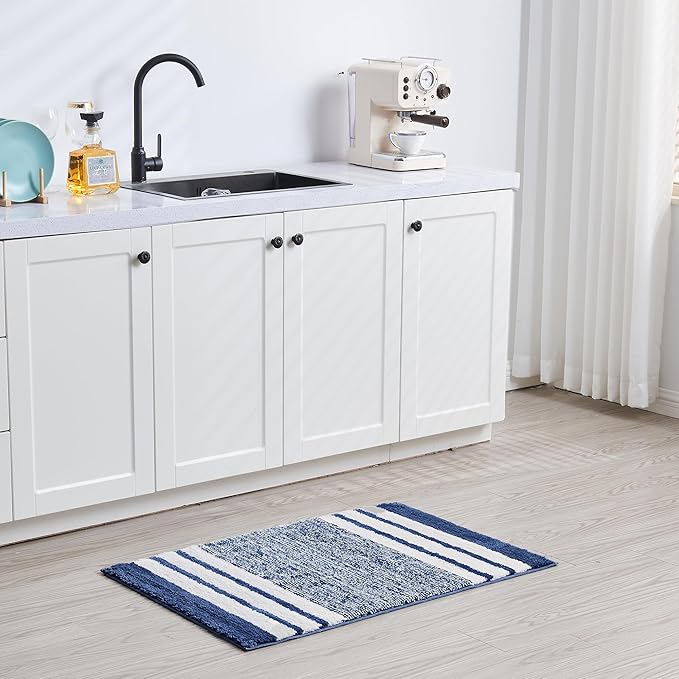 CozeCube Bath mats for Bathroom Non Slip, Fluffy Absorbent Microfiber Bath mat Washable, Aesthetic Bathroom Rugs, Small Navy Blue Striped Bath mat, Navy Blue, 24" x 16"