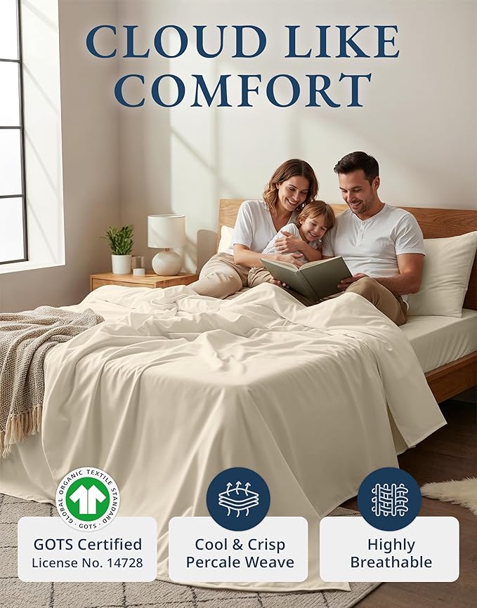 LANE LINEN 100% Organic Cotton Twin Bed Sheet Set, 3 Pc Twin Size Bed Sheets, Soft & Breathable Twin Sheet Set Boys, Hotel Style Bedding Sheets & Pillowcases, 15" Deep Fitted Sheet - Natural