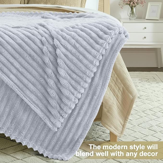 decorUhome Christmas Soft Fleece Light Grey Blanket King Size for Bed, Cozy Fluffy Plush Flannel Large Striped Throws for Couch Sofa, Lightweight Decorative Fuzzy Blanket for Woman, 108x90 Inches