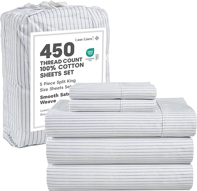 LANE LINEN Split King Sheets for Adjustable Bed – 450 Thread Count 100% Cotton Sateen Sheets, Soft & Cooling, 15” Deep Pocket Fitted Sheet, Hotel Bedding & Pillowcases, Ticking Stripe