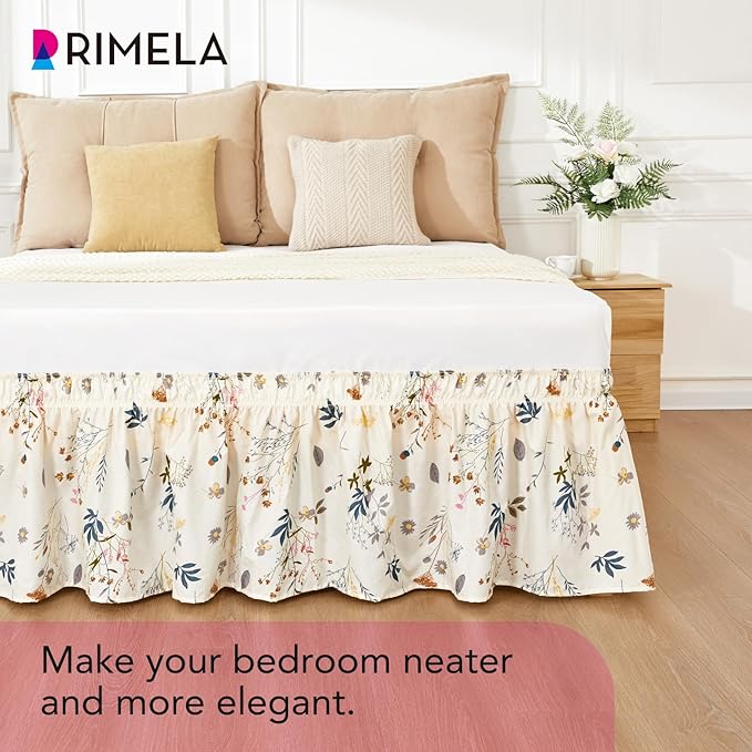 RIMELA Balloon Flower Floral Bed Skirt Queen Size 15 Inch Drop, Elastic Bed Skirting for Bed Frame, Bedding Dust Ruffle Easy to Install, Lightweight Wrap Around Adjustable Bedskirt