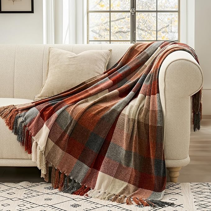 EVERGRACE Plaid Chenille Throw Blanket for Couch, Super Soft Cozy Decorative Fall Throw Blanket with Tassels for Bed Sofa Gift, Lightweight Harvest Plaid Throw Blanket for Autumn 50”x60”