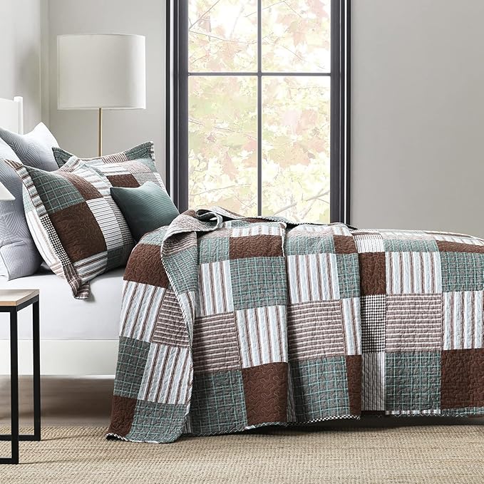KALOOLA Plaid King Size Quilt Set, 100% Cotton Lightweight Quilted Bedspread with 2 Pillowshams for King Bed, Farmhouse Printed Bedding Set Coverlet for All Season, 3Pcs, Brown/Green