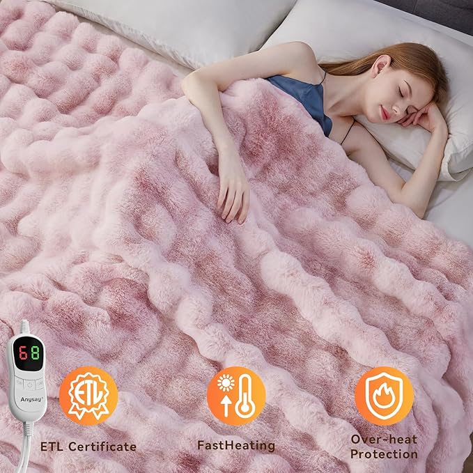Heated Blanket Throw with 1/2/4/6/8 Hours Auto-Off 10 Heat Level, 62'' * 84'' Cozy Faux Rabbit Fur Bubble Electric Blanket with Overheat Protection(Tie-Dye Pink)