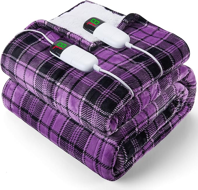 Heated Electric Blanket King Size, 90X100 Heating Blanket King with Dual Control&10 Heats Levels&Timer for Bed,Large Purple Plaid Sherpa Blankets Warmer Gifts for Grandma Women Adults, Washable