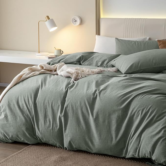 JIYUAN 100% Washed Cotton Duvet Cover Set 2 Pieces Twin, 1 Duvet Cover 68x90 Inches(Comforter Not Included) and 1 Pillowcases,Linen Feel Bedding Set Comfy and Breathable, Heathered Green