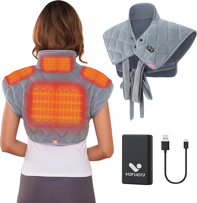 Vofuoti Heating Pad for Neck and Shoulders, Portable Cordless Heating Pad with Massager and Battery, Weighted Electric Heated Neck Shoulder Wrap, 16'' x 22'', 2.2lbs