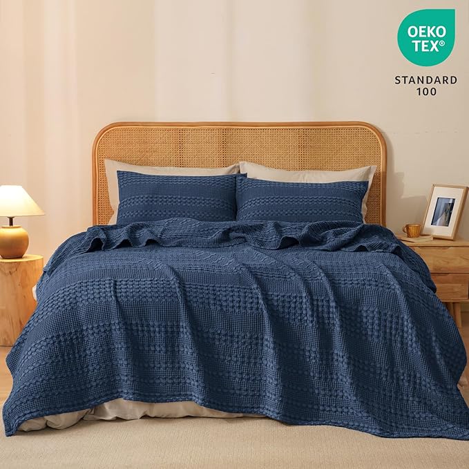 PHF 100% Cotton Waffle Weave Blanket Queen Size for Bed, Soft Lightweight & Breathable, All-Season Comfort, Luxury Aesthetic Woven Bedding for Home Decor, 90"x90", Blue Sapphire