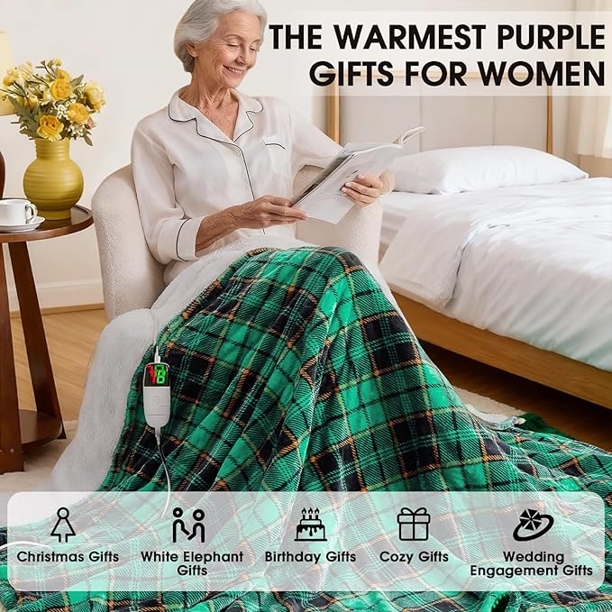 Green Heated Blanket Electric Throw 50X60, Heating Blanket for Couch, Plaid Sherpa Winter Blankets Warmer, 10 Levels & 8-Hour Auto Off, Fast Heated House Warming Gifts New Home Christmas Decor for Mom