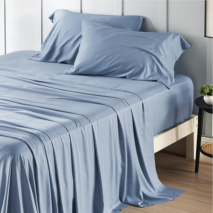 Bedsure California King Sheet Sets, Cooling Sheets, Rayon Derived from Bamboo, Breathable & Soft, Deep Pocket Up to 16 Inches, Hotel Luxury Silky Bedding for Hot Sleepers, Dusty Blue