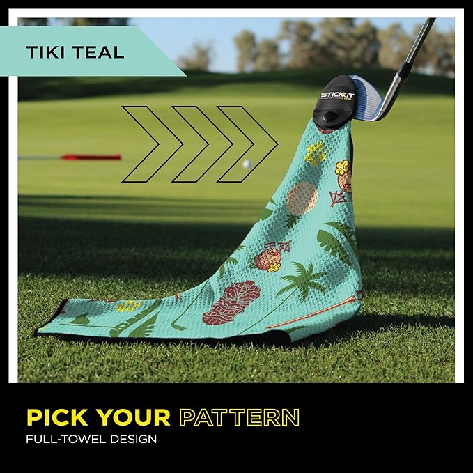 STICKIT Magnetic Golf Towel, Teal Tiki | Top-Tier Microfiber Golf Towel with Deep Waffle Pockets | Industrial Strength Magnet for Strong Hold to Golf Carts or Clubs